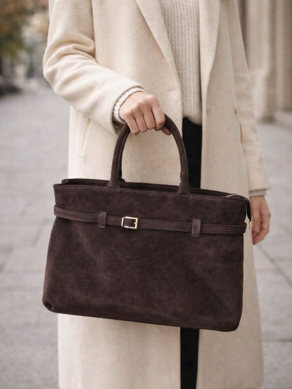 Large Suede Tote Bag Dark Chocolate, Leather Shoulder Bag with Strap